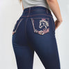 Women's Western Bootcut Jeans With Horse Embroidery, Mid-Rise Stretch Denim With Pink Contrast Stitching, Cowgirl Rodeo Style