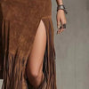 Women's Fashion Patchwork Maxi Skirt With Fringe Hem And High Side Slit Western Style Boho Skirt For Vacation