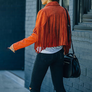 Women's Faux Suede Tassel Fringe Jacket | Open-Front Notched Collar Cropped Moto Style