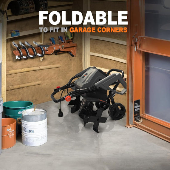 Electric Garden Cultivator, 15 Amp, Rope Spinner With Adjustable Wheels And Foldable Handle And Safety Switch For Soil Cultivation