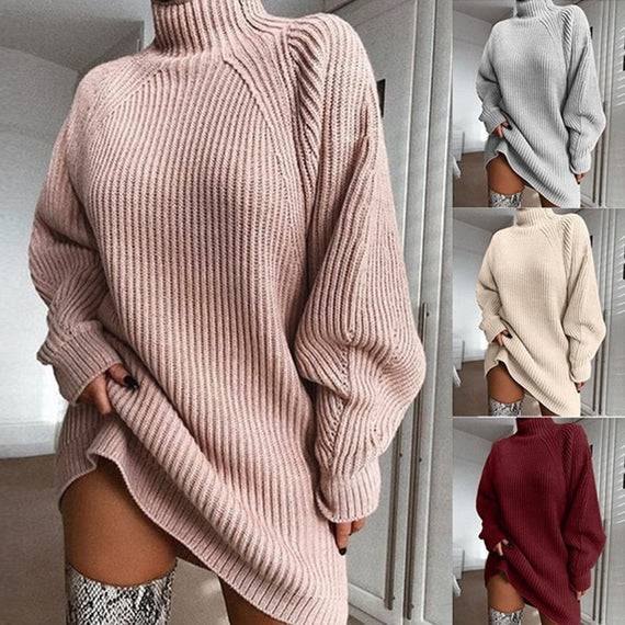 Women's Solid Turtleneck Long Sweater Dress – Winter Warm Knitwear