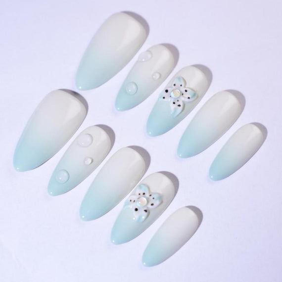 Gender Neutral Press On Nails White - Blue Gradient With 3D Flowers & Pearls In Stiletto Shape
