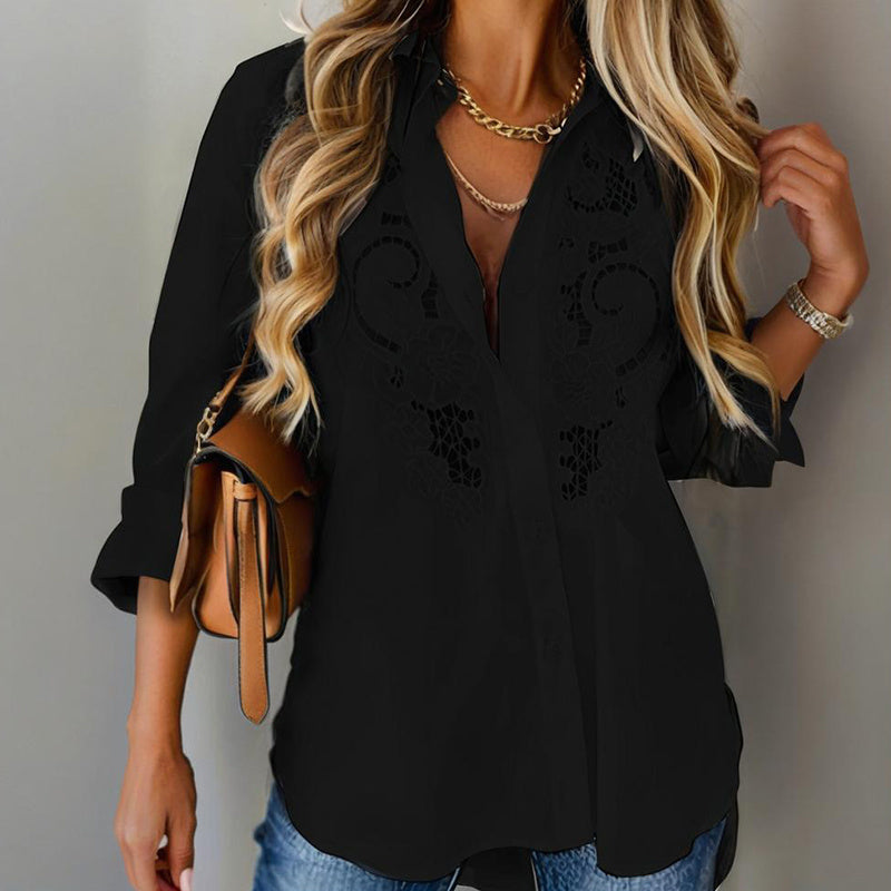 Women’s Contrast Lace Long Sleeve Button-Down Blouses | Dressy Casual Shirts for Fall Fashion