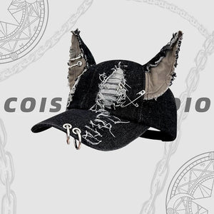 Distressed Washed Denim Baseball Cap – Vintage Dog Ear Flap Hat