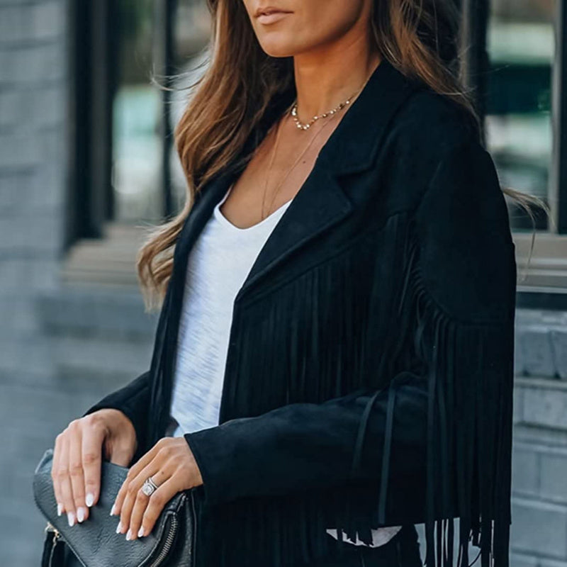 Women's Faux Suede Tassel Fringe Jacket | Open-Front Notched Collar Cropped Moto Style