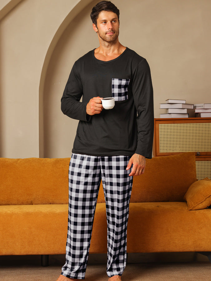 Men's Polyester Long Sleeve Pajama Set with Trousers – Comfortable & Stylish Sleepwear