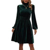 Graceful Stand Collar Solid Color Velvet Long Sleeve Dress
