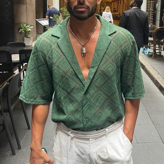 Men’s Breathable Hollow-Out Lapel Shirt – Casual Short Sleeve Summer Fashion