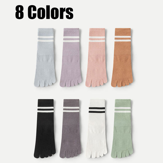 8 Pairs Women’s Non-Slip Five-Finger Mid-Calf Socks for Yoga, Running & Fitness – Solid Color, Multi-Functional Sports Grip Socks