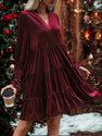 Long Sleeve Christmas Skirt Velvet Cake Dresses With Puffy Sleeves And V-Neck Mini Skirt Elegant Short Dress For Women New Year Party Clothing