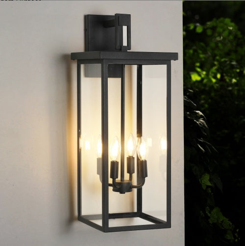 26H 1PC Modern Outdoor Wall Lantern | Black Metal Frame & Clear Glass | 4 E12 Bulb Sockets | Weatherproof Wall Sconce for Porch, Garden & Patio (Bulbs Not Included)