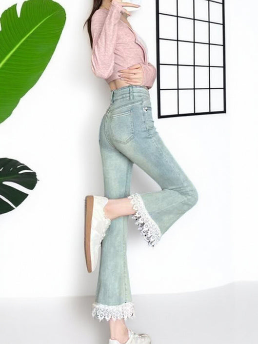 Jeans For Women, With Elastic Lace Lace And Lace Stitching, Micro Flared Jeans For Women In 2025, Small And Stylish Design, Light Blue Jeans For Women, Cropped Jeans For Women, Casual Pants For Women,