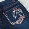 Women's Western Bootcut Jeans With Horse Embroidery, Mid-Rise Stretch Denim With Pink Contrast Stitching, Cowgirl Rodeo Style
