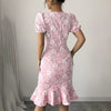 Women's Floral Jacquard Dress Women's Short Puff Sleeve Crew Neck Ruffle Hem Bodycon Dresses