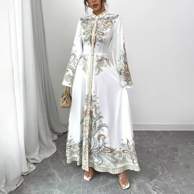 Elegant High-Neck Floral Maxi Dress – Long Flowy Sleeve Modest A-Line Gown, Middle Eastern Style Vacation & Party Wear for Women