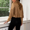 Women's Faux Suede Tassel Fringe Jacket | Open-Front Notched Collar Cropped Moto Style