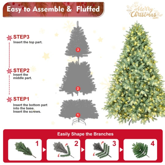 Artificial 4ft Blue Green Tint Christmas Tree With 592 PE PVC Mixed Branch Tips, 150L Warm White Led, Memory Wire Iron Wire, Hinged Premium & Foldable Base For Indoor Holiday Decorating