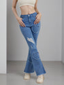 2025 New Women'S High-Stretch Flare Jeans With Heart Embroidery Patchwork - Trendy Distressed Denim Bell Bottoms, Comfortable & Versatile Light Blue Casual Pants,Fashion And Leisure