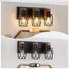 Industrial Vintage 3-Light Wall Sconce | Black Cage Design with Rustic Wooden Accents | Perfect Wall Lighting for Bathroom, Hallway & Living Room | Bulbs Not Included
