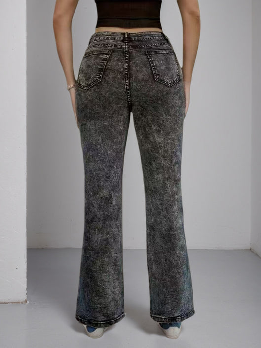 High Waisted Slightly Flared Jeans With Side Buckles, Classic Graphite Color, Comfortable Fit, Essential For Going Out.