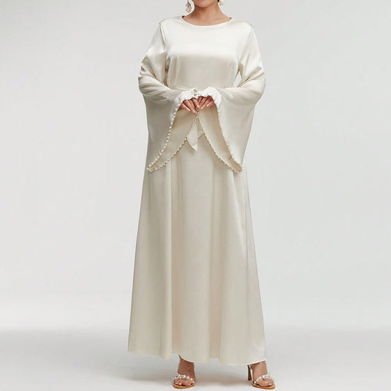 Elegant Solid Color Flared Maxi Dress – Round Neck, Long Sleeves with Pearl Cuff Detail | Modest A-Line Abaya Style for Middle Eastern Party & Vacation Wear