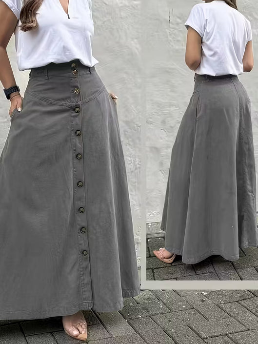Women's Solid Color High-Waisted A-Line Skirt With Slit And Button Detail Flared Midi Skirt With Pockets For Spring & Fall