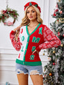 Christmas Sweater Red Casual Letter Jacquard V-neck Knitted Cardigan