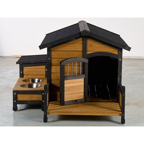 Premium Wooden Dog House with Storage & Feeding Station | Outdoor Pet Kennel with Porch, Lockable Door & Asphalt Roof | Weatherproof Fir Wood Home for Small to Medium Dogs