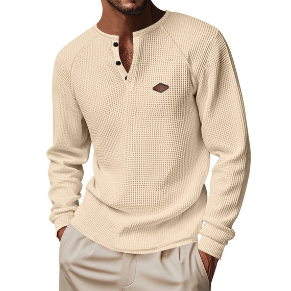 Waffle-Knit Quick-Dry Henley Raglan Long Sleeve Shirt with Buckle Detail