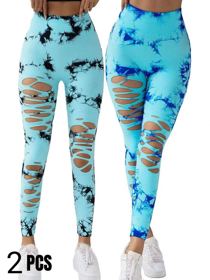 2 Pack New Style Hollow-Out Tie-Dye High-Waisted Tummy-Control Yoga Pants
