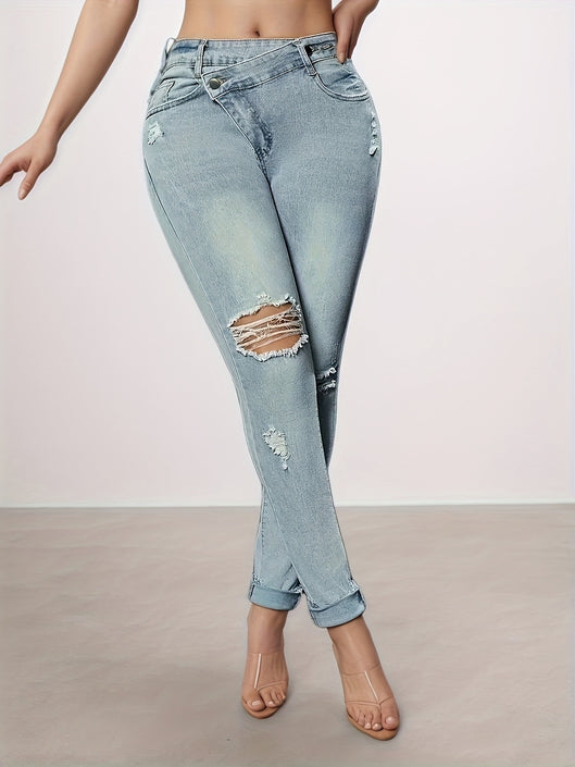 Tear Washed Denim Jeans, Women's Slim Fit Small Foot Design Slim Fit Denim Leggings, Equipped With A Beautiful Waist Belt