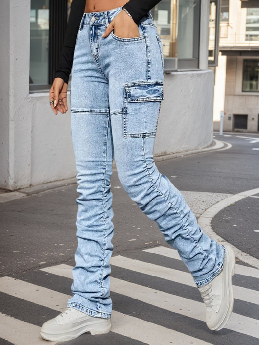 Women's High Waisted Elastic Blended Jeans With Machine Washable Side Pockets. They Have A Casual Street Style, Versatile Throughout The Year, Comfortable And Stylish.