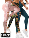3 PACK Butt Lifting Yoga Gym Athletic Pants, Hollow Out Tummy Control Sports Leggings Tie Dye Running Pants