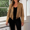Women's Faux Suede Tassel Fringe Jacket | Open-Front Notched Collar Cropped Moto Style