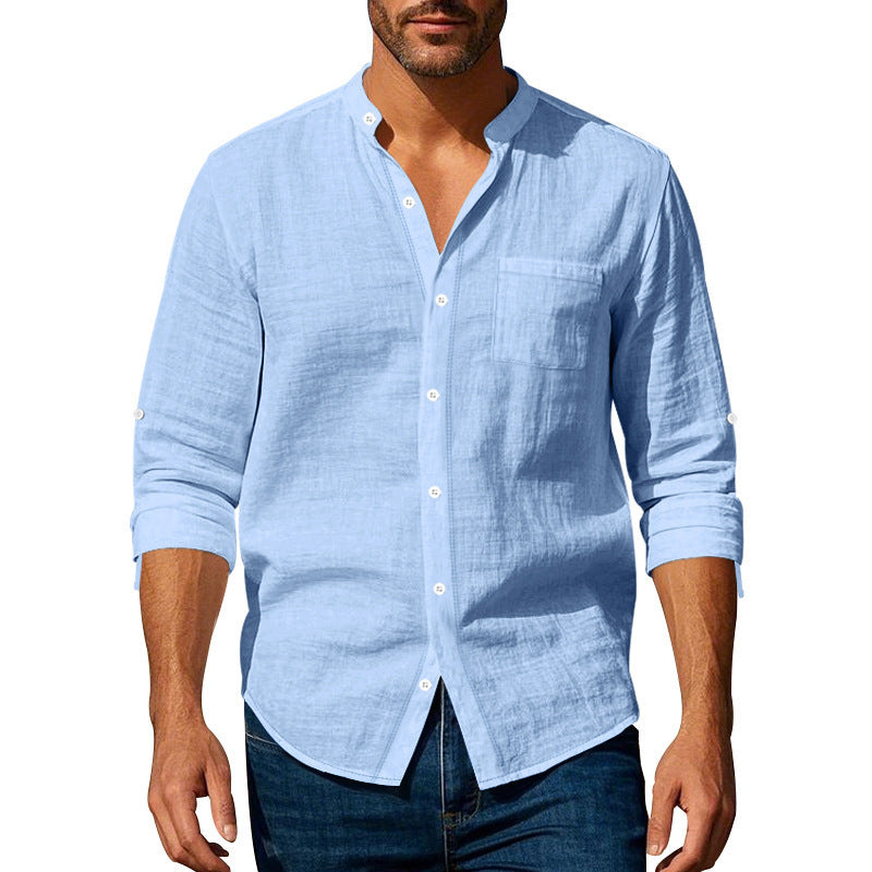 Men's Casual Long Sleeve Stand Collar Shirt with Pockets