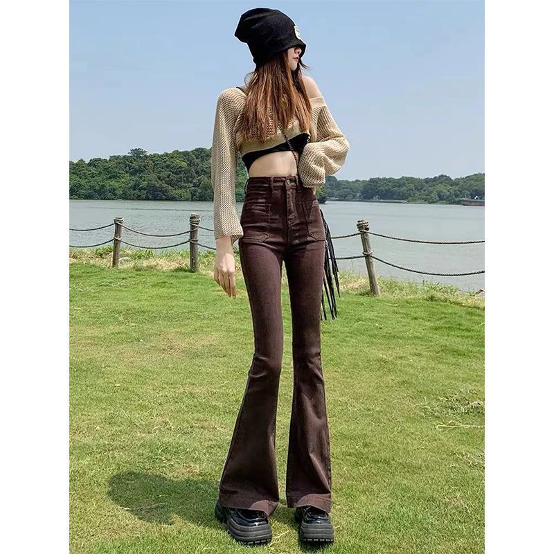 Stretchy High Waist Slimming Design Sense High Street Bell-bottom Pants Tide