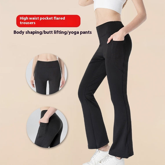 Ladies Mid Waist Abdominal-shaping Slimming Cropped Pants Casual Pocket Bootcut Trousers