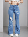 2025 New Women'S High-Stretch Flare Jeans With Heart Embroidery Patchwork - Trendy Distressed Denim Bell Bottoms, Comfortable & Versatile Light Blue Casual Pants,Fashion And Leisure