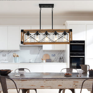 32 Walnut Industrial Farmhouse Rectangle Pendant Light, 5-Light Chandelier With Lampshades For Dining Room, Kitchen Island, Cafe Decor No Bulbs