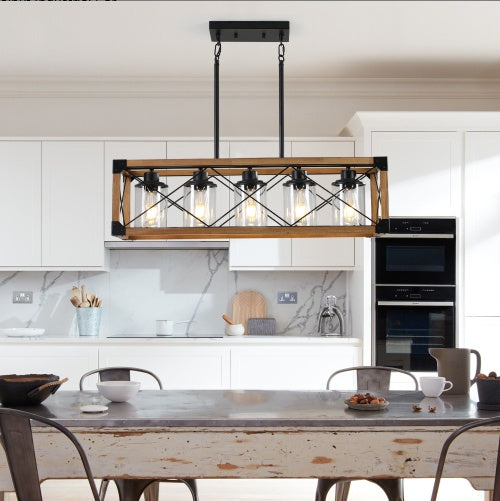32” Walnut Industrial Farmhouse Pendant Chandelier, 5-Light with Lampshades – Perfect for Dining Rooms, Kitchen Islands, and Café Ambiance (Bulbs Not Included)