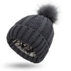 Women’s Fashion Stretchy Satin-Lined Knit Beanie – Faux Fur Pom Pom, Cozy Winter Warm Hat