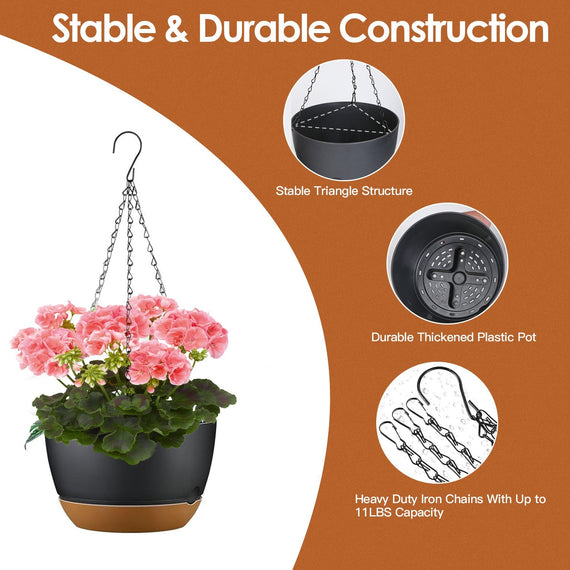 Set of 4 Hanging Planters (9.64" Diameter) with Drainage & Removable Self-Watering Tray – Perfect Plastic Pots for Indoor & Outdoor Herbs, Ivy, Ferns, and Flowers