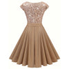 Elegant Women's Sequin V-Neck Pleated Evening Cocktail Dress with Cap Sleeves
