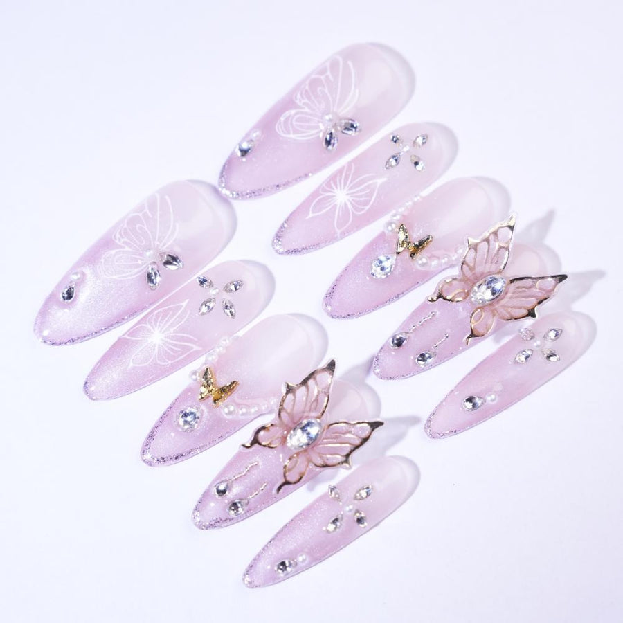 Gender Neutral Press On Nails Pink - Purple Gradient With Butterfly Art & Metal Embellishments In Stiletto Shape