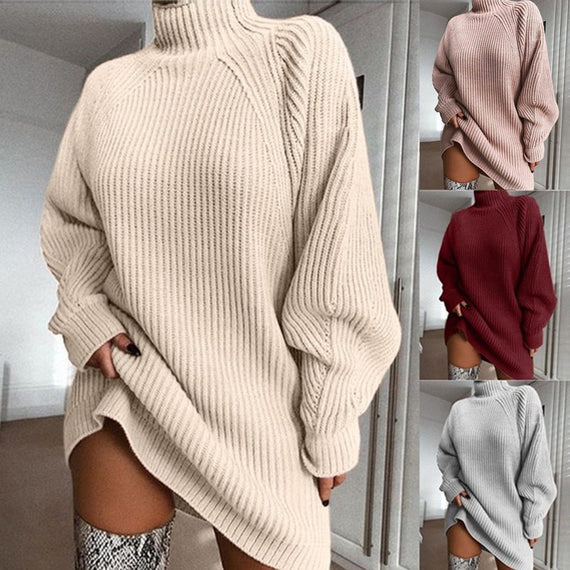 Women's Solid Turtleneck Long Sweater Dress – Winter Warm Knitwear