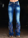 Women's Rhinestone Flare Jeans, Mid-Rise Stretch Denim With Geometric Studded & Embroidered Lower Leg, Bootcut Dress Pants