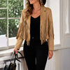 Women's Faux Suede Tassel Fringe Jacket | Open-Front Notched Collar Cropped Moto Style