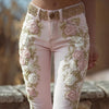 Women's Retro Pink Rose Embroidered Artistic Printed Jeans Elegant