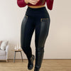 Plus Size Women's Faux Leather Splice Pants With Zip Detail Slim Fit Trousers For Spring&Fall