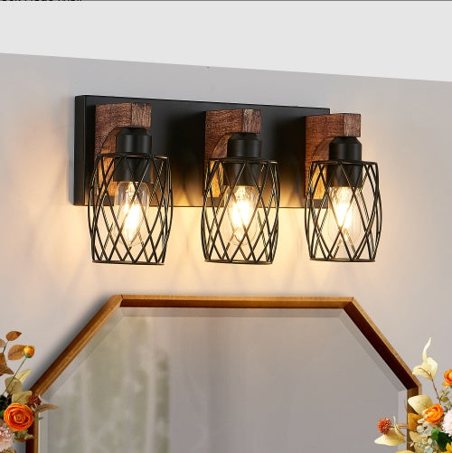 Industrial Vintage 3-Light Wall Sconce | Black Cage Design with Rustic Wooden Accents | Perfect Wall Lighting for Bathroom, Hallway & Living Room | Bulbs Not Included